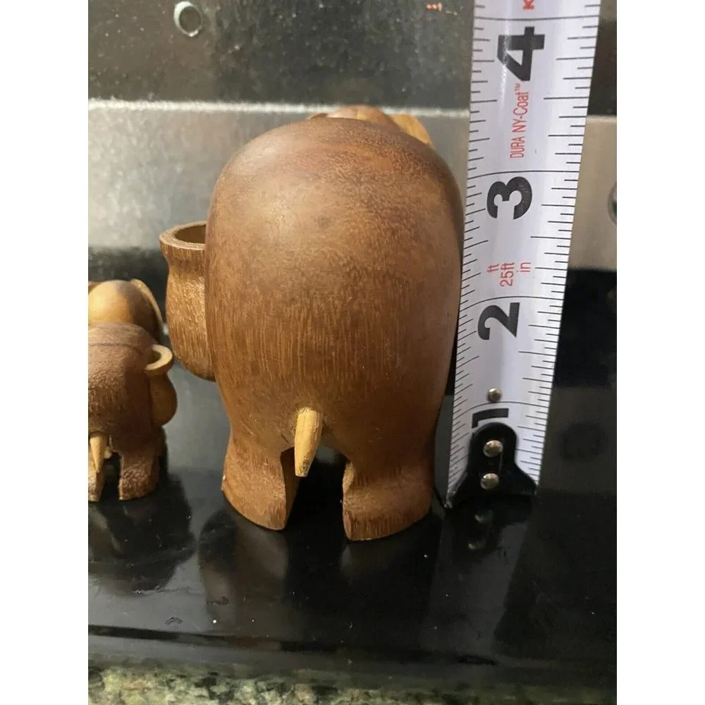 Mid‎ Century Carved Wood Elephant Toothpick Holder Taiwan Set of Three 3 Vintage